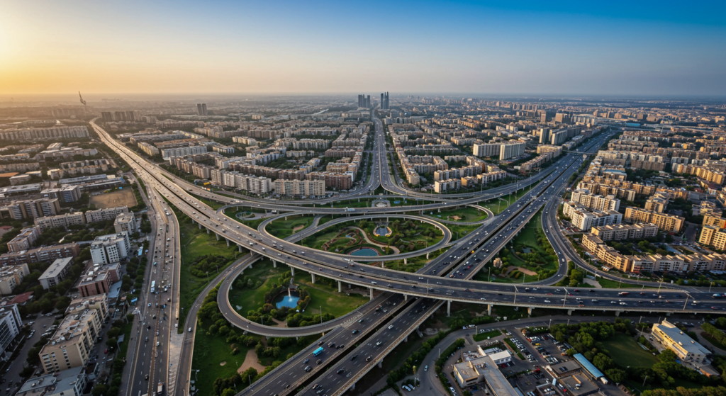 Uma vista aérea de uma cidade moderna, destacando áreas de infraestrutura, como estradas, redes de abastecimento e espaços urbanos planejados.