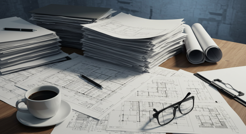 Pilhas de documentos e plantas de projetos sobre uma mesa, representando os desafios da aprovação de projetos e regularização fundiária urbana.