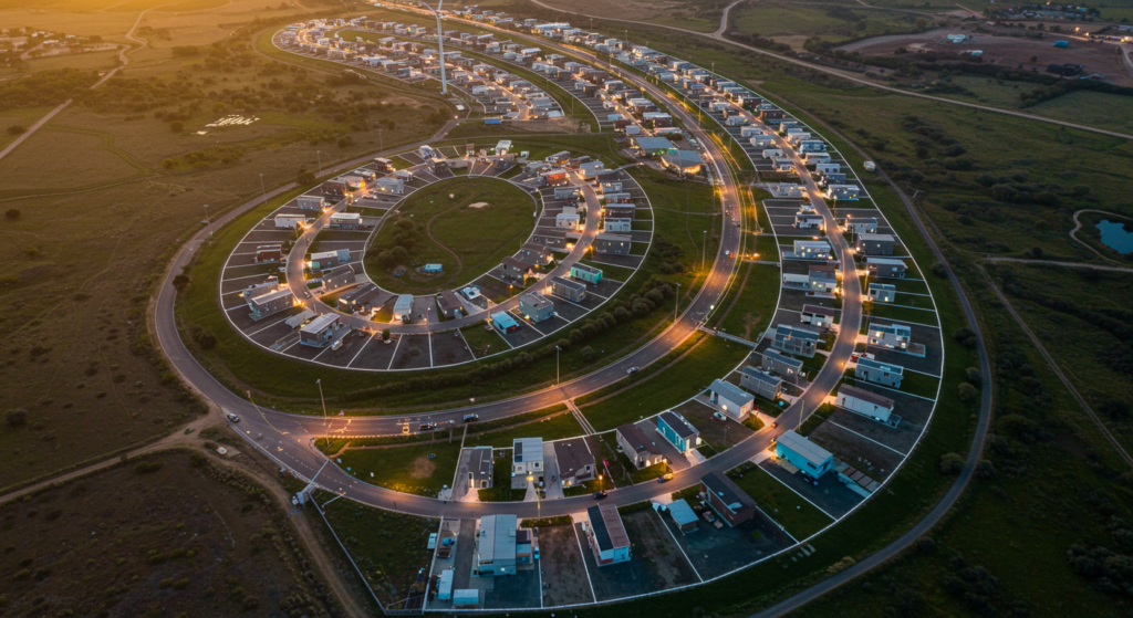 Imagem aérea de um loteamento planejado, com ruas bem estruturadas, áreas verdes e iluminação, representando a infraestrutura inteligente.
