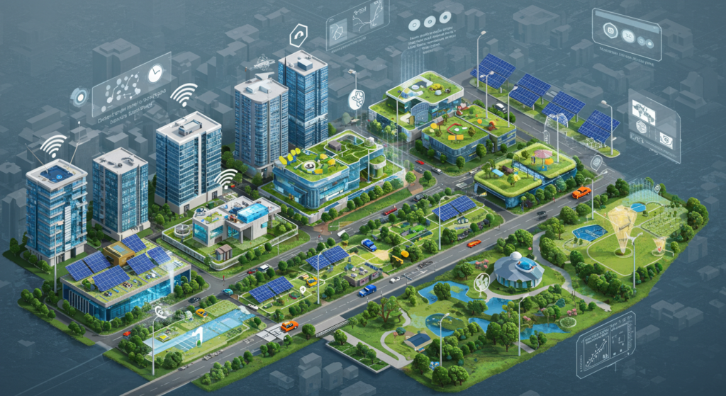 imagem futurista de uma cidade inteligente por meio de infográficos com painéis solares e iluminação inteligente, sistema de irrigação automatizado, fluxo de trânsito