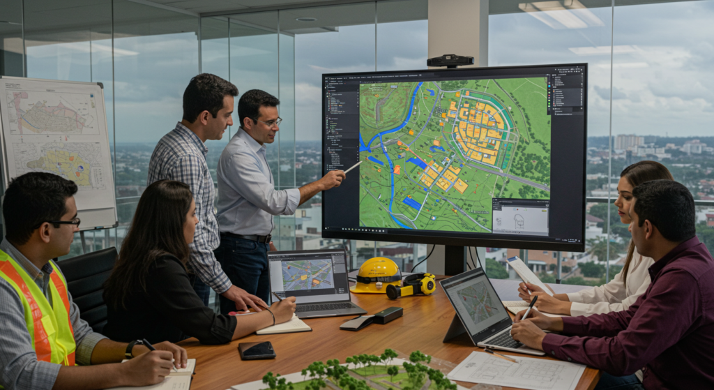 Reunião técnica de equipe com tablets e notebooks abertos, mostrando uma tela com um modelo 3D de um projeto de loteamento