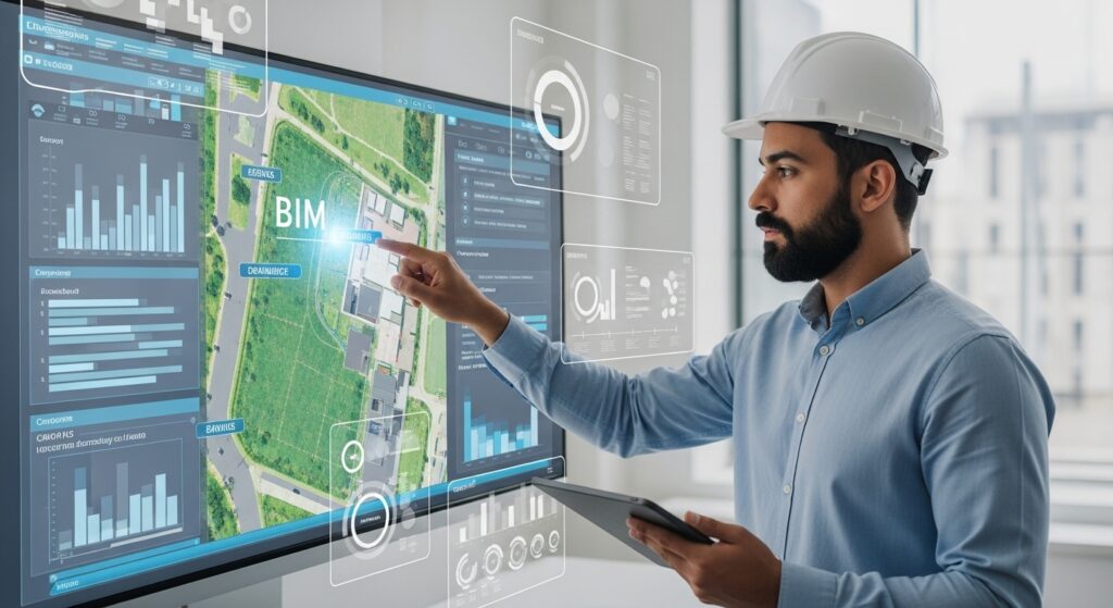 Profissional analisando uma planta digital em tela, com camadas de infraestrutura (drenagem, esgoto, pavimentação) sobrepostas via tecnologia BIM